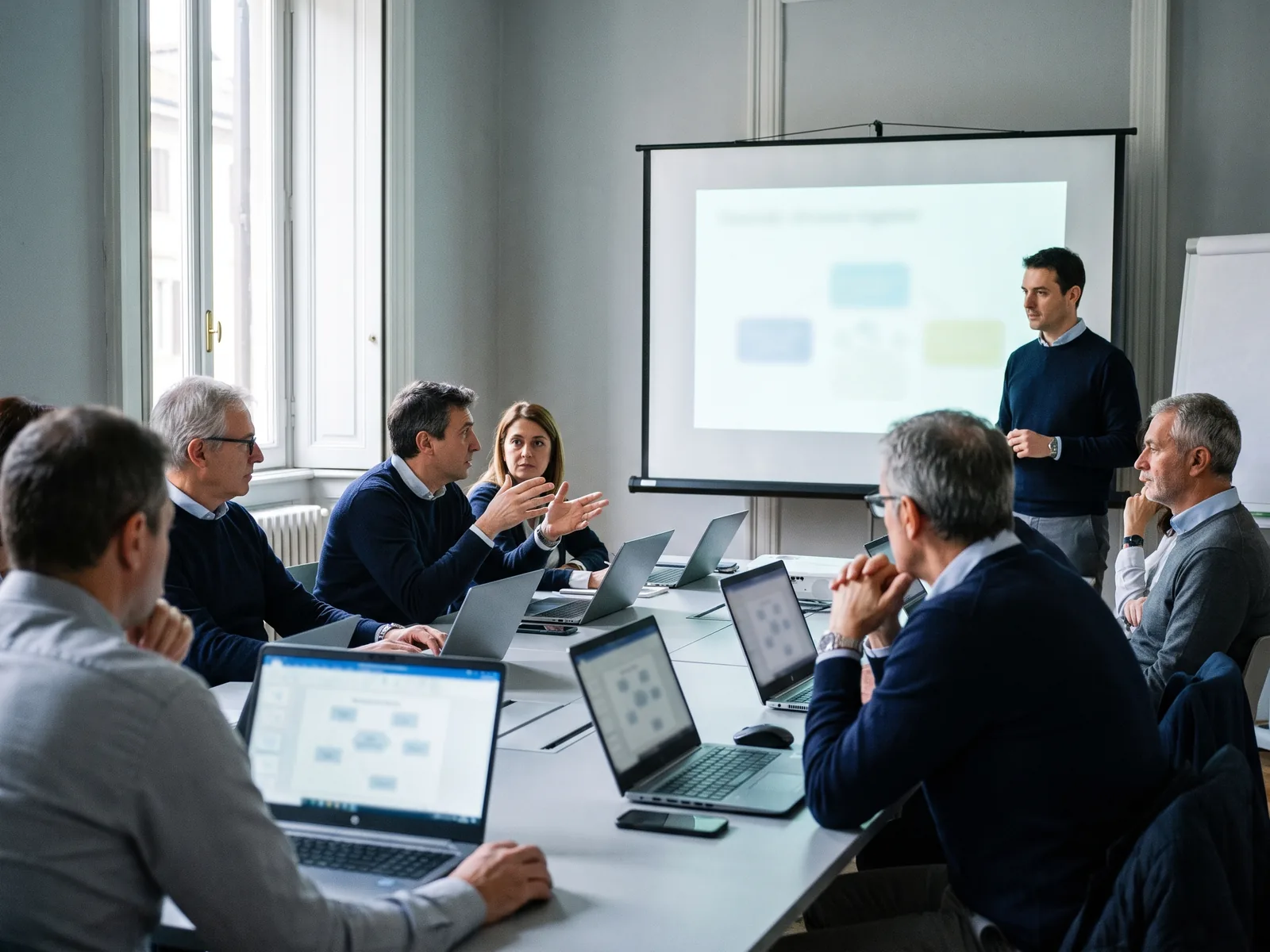 Aula di formazione in azienda: docente al proiettore, dipendenti con i laptop, esercizio in corso