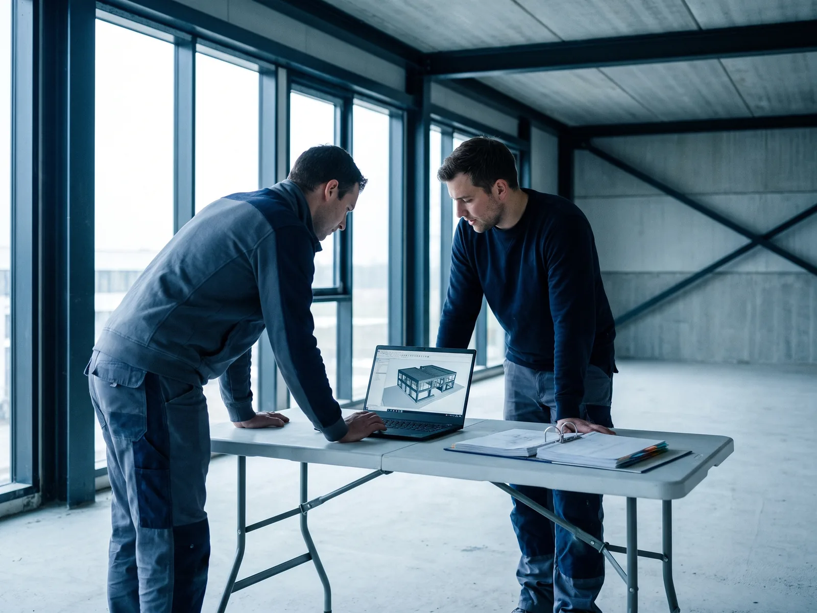 Consegna documentale: fascicolo tecnico e modello as built su schermo, in cantiere ultimato