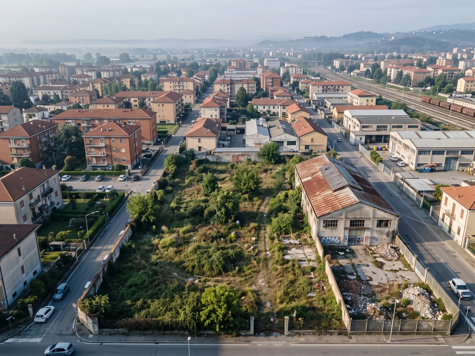 Vista aerea di un'area urbana di trasformazione: lotto libero tra edifici esistenti