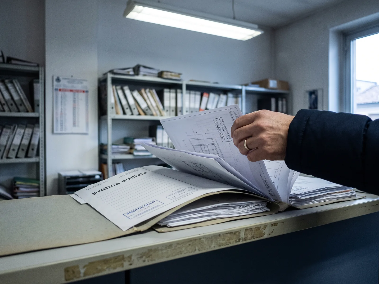 Ufficio tecnico comunale: fascicolo di pratica edilizia con i timbri di protocollo sul bancone