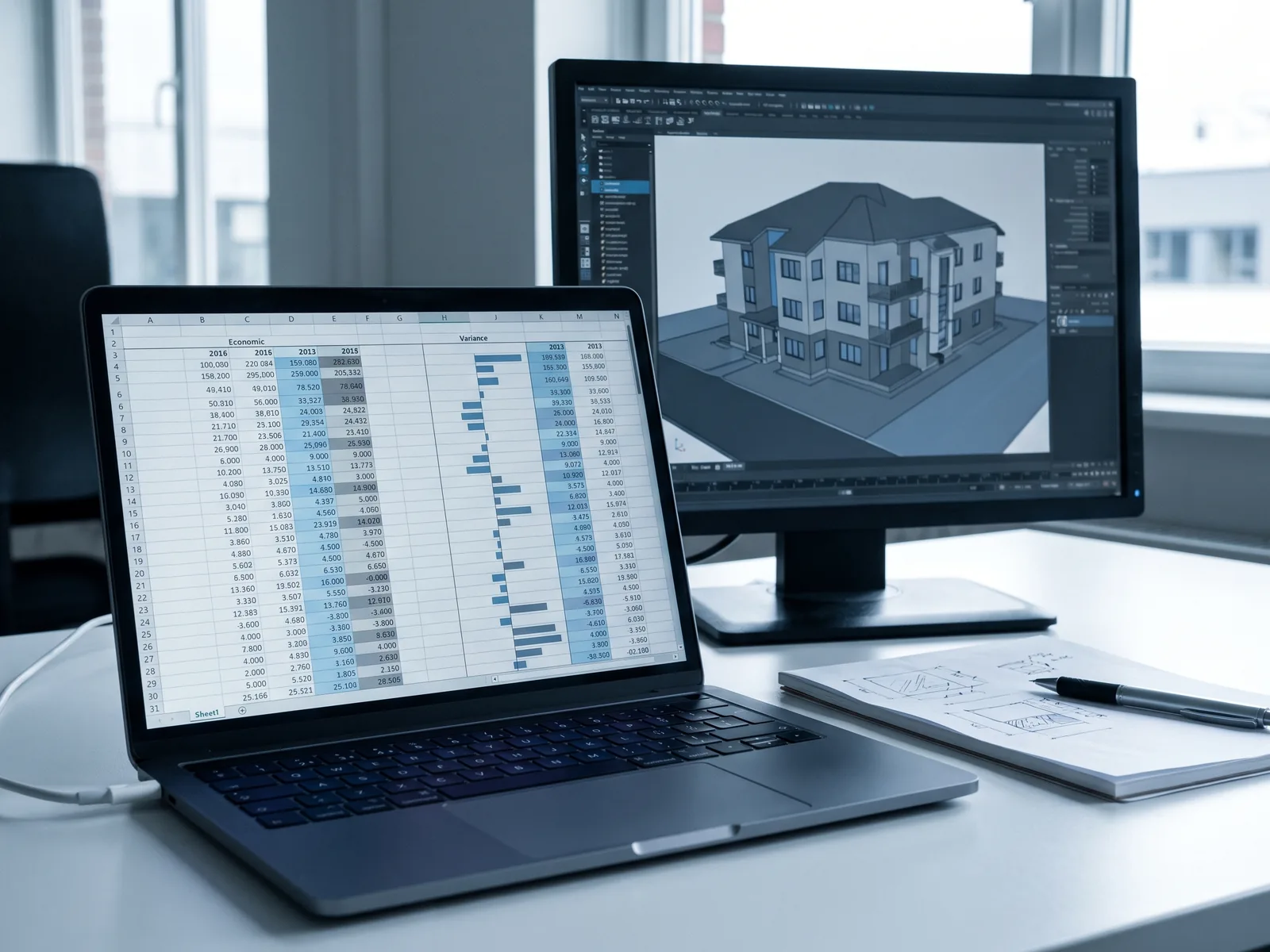 Quadro economico a schermo con scostamenti evidenziati accanto a un modello dell'edificio