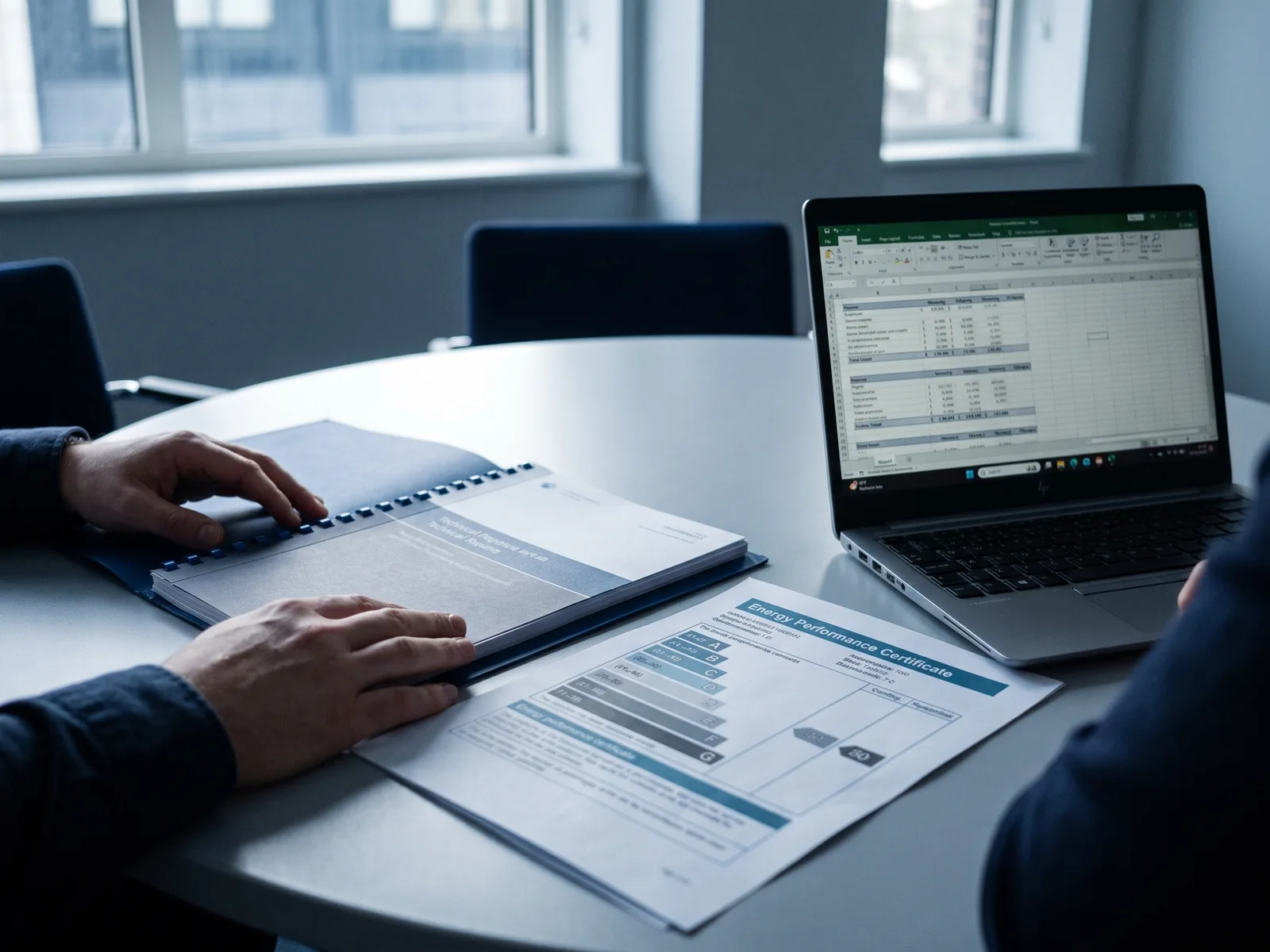 Documenti di prestazione energetica e certificazione accanto a un prospetto di finanziamento