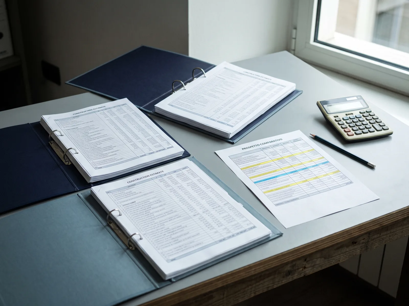 Comparazione delle offerte: tre fascicoli affiancati e un prospetto di confronto con voci evidenziate
